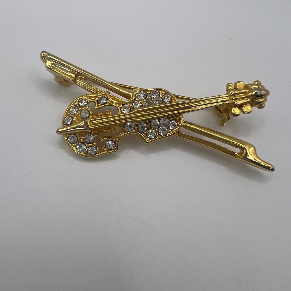 Vintage Gold Tone Violin and Bow Rhinestone Musical Instrument Brooch Pin